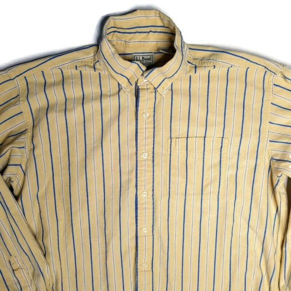 LL Bean Men's L 100% Cotton Long Sleeve Button Work Shirt Yellow Stripe Heavy - Picture 1 of 3